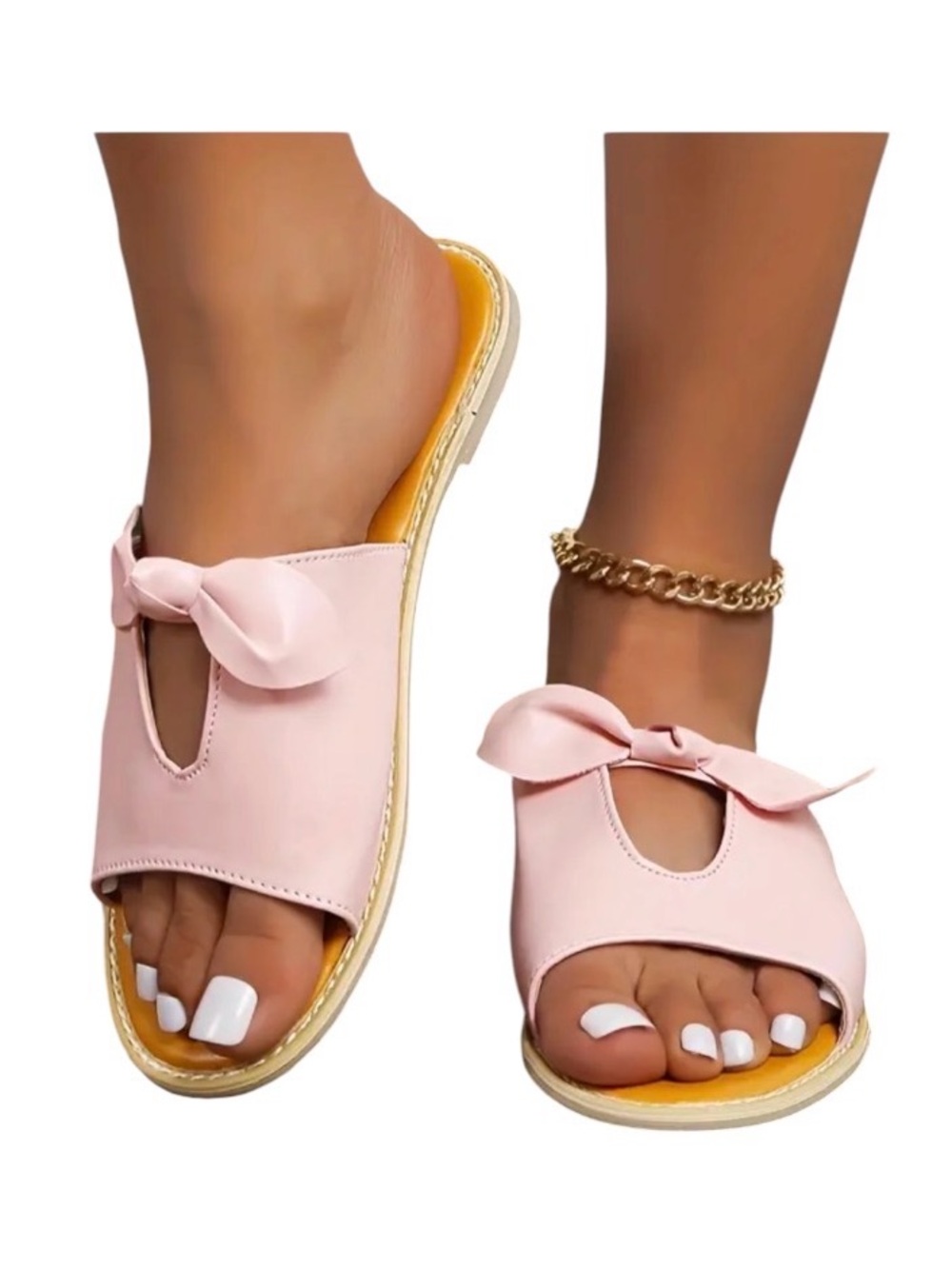 Ladies Pink Bow Slide Sandals with Cushioned Insole Size 8